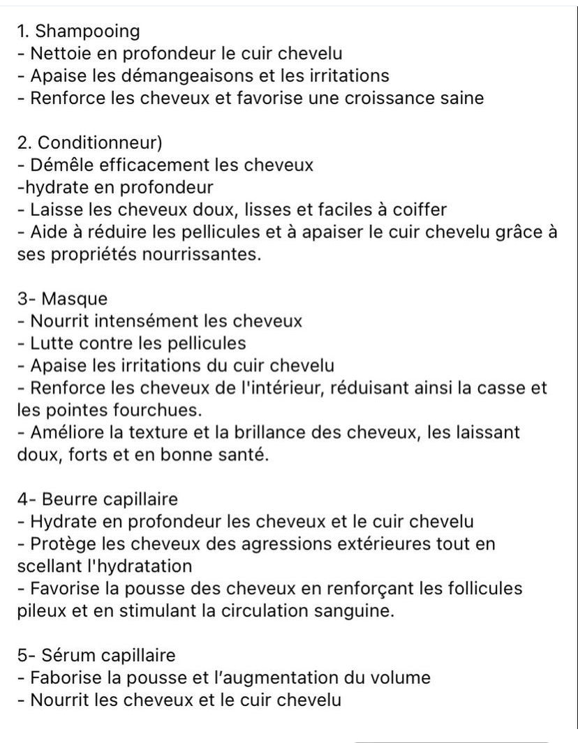 Gammes de produits pour cheveux à base de chebe ( champoing-Démêlant-Masque-Beurre-Huile )