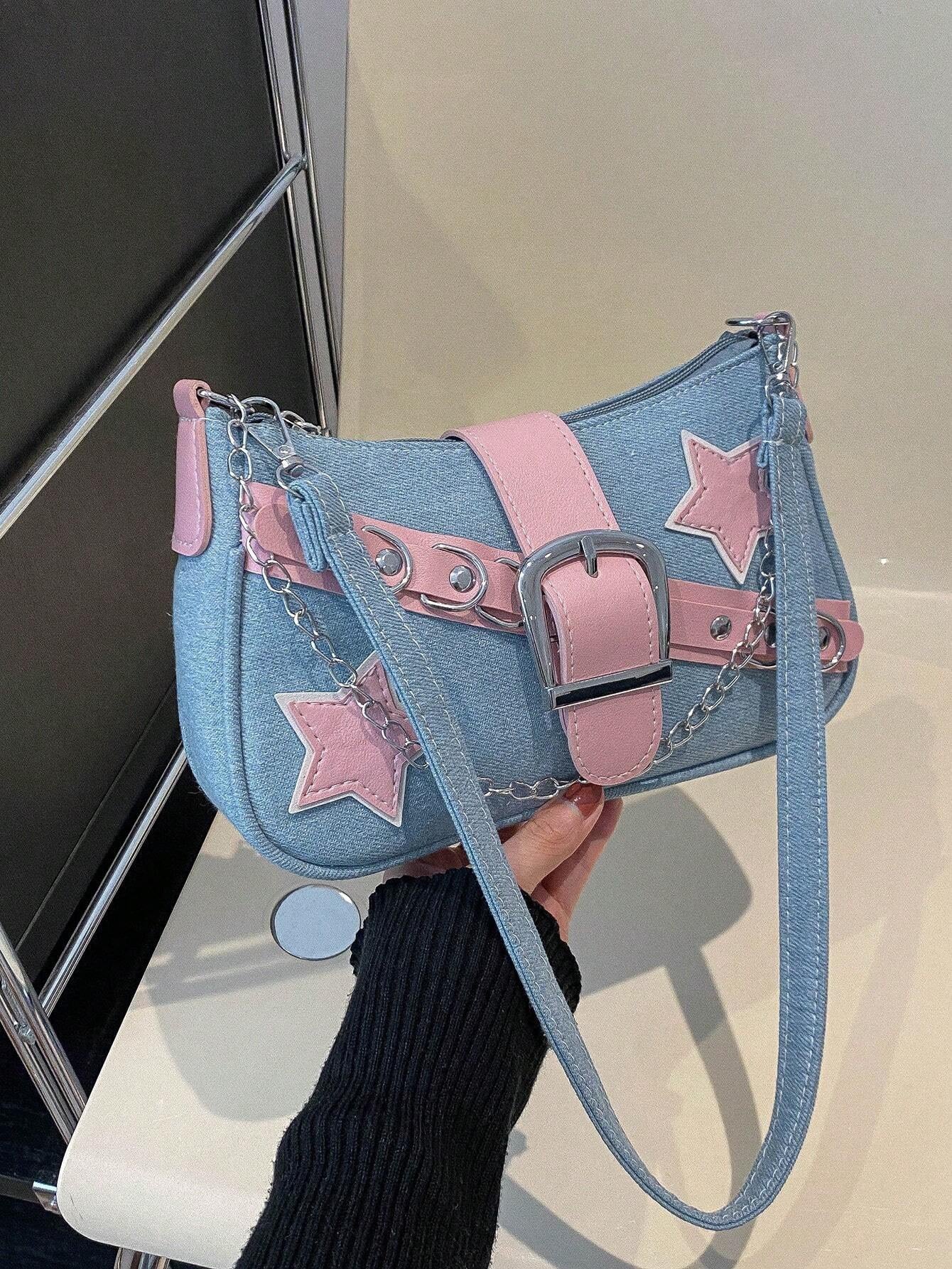 Sac en jean motif étoilé rose