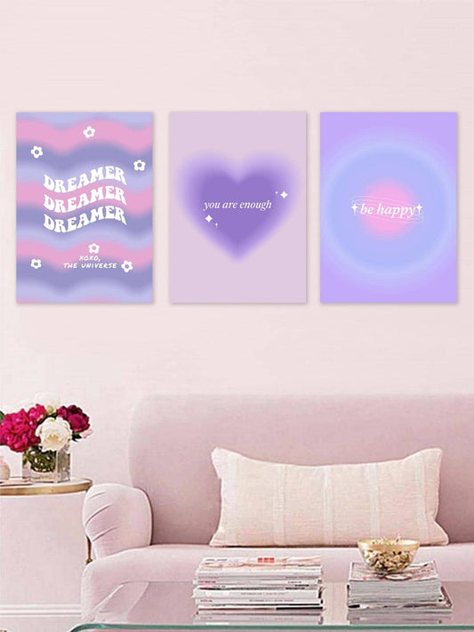 3 pcs graphique coeur et slogan violet décoration