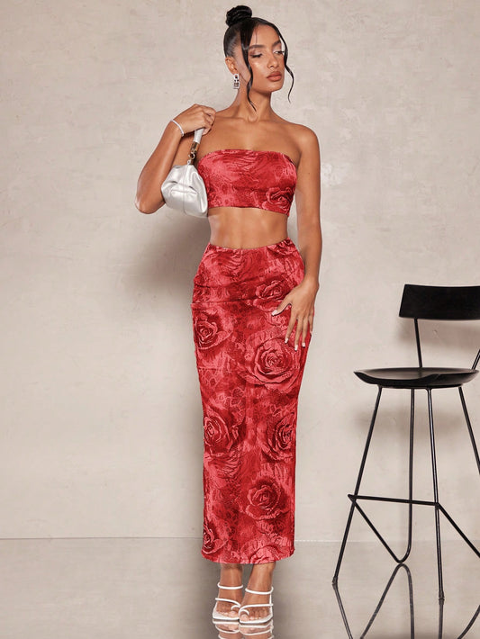 Ensemble jupe longue et top bustier florale